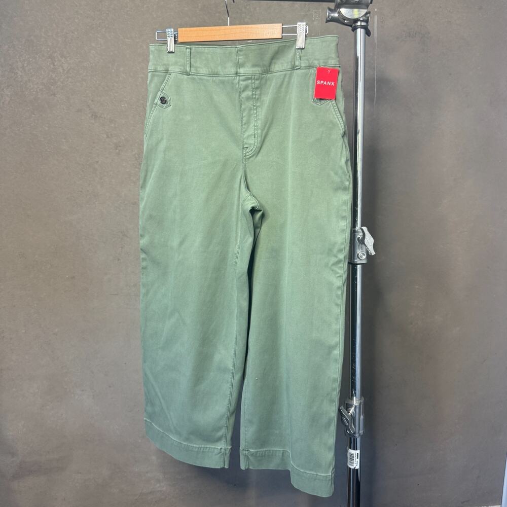 Spanx Pants 1X NWT Stretch Twill Cropped Wide Leg Deep Olive Green